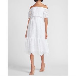 EXPRESS Eyelet Lace Off The Shoulder Midi Dress